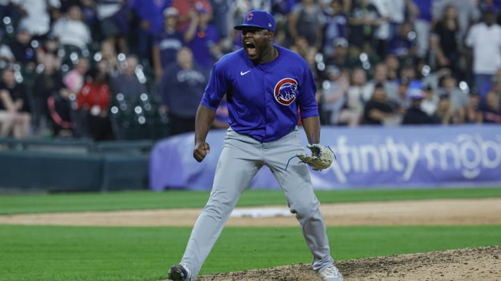 Aug 10, 2024; Chicago, Illinois, USA; Chicago Cubs relief pitcher Hector Neris (51) reacts after delivering a final out against the Chicago White Sox during the ninth inning at Guaranteed Rate Field. Mandatory Credit: Kamil Krzaczynski-USA TODAY Sports