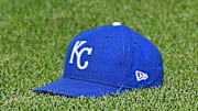Jul 7, 2018; Kansas City, MO, USA; A genera view of a Kansas City Royals cap on the field, prior to a game against the Boston Red Sox at Kauffman Stadium. Mandatory Credit: Peter G. Aiken/Imagn Images