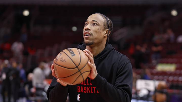 Mar 25, 2024; Chicago, Illinois, USA; Chicago Bulls forward DeMar DeRozan warms up before a basketball game against the Washington Wizards at United Center. Mandatory Credit: Kamil Krzaczynski-Imagn Images