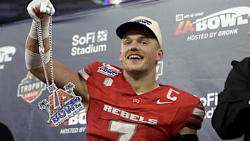 UNLV Rebels linebacker Jackson Woodard (7) celebrates after he was named offensive player of the game after defeating the California Golden Bears in the LA Bowl at SoFi Stadium. Mandatory Credit: Jayne Kamin-Oncea-Imagn Images