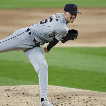 Aug 26, 2024; Chicago, Illinois, USA; Detroit Tigers starting pitcher Ty Madden (36) delivers a pitch against the Chicago White Sox during the second inning at Guaranteed Rate Field.