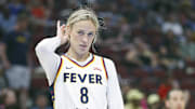 Jul 27, 2025; Chicago, Illinois, USA; Indiana Fever guard Sophie Cunningham (8) looks on during the second half of a basketball game against the Chicago Sky at United Center. Mandatory Credit: Kamil Krzaczynski-Imagn Images