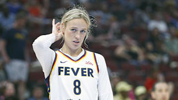 Jul 27, 2025; Chicago, Illinois, USA; Indiana Fever guard Sophie Cunningham (8) looks on during the second half of a basketball game against the Chicago Sky at United Center. Mandatory Credit: Kamil Krzaczynski-Imagn Images