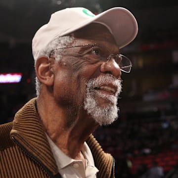 Feb 16, 2013; Houston, TX, USA; Boston Celtics former center Bill Russell in attendance during the 2013 NBA all star shooting stars competition at the Toyota Center. Mandatory Credit: Brett Davis-Imagn Images