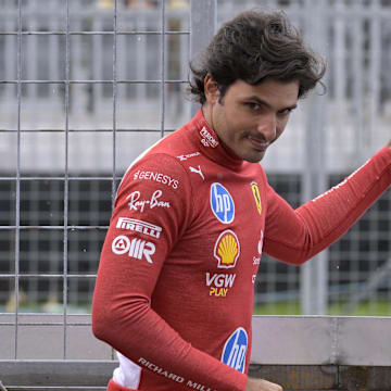 Jun 7, 2024; Montreal, Quebec, CAN; Ferrari driver driver Carlos Sainz (ESP) in the pit lane during the practice session at Circuit Gilles Villeneuve. Mandatory Credit: Eric Bolte-Imagn Images