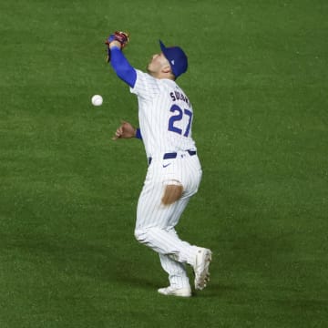 Jun 1, 2024; Chicago, Illinois, USA; Chicago Cubs outfielder Seiya Suzuki (27) drops a fly ball.