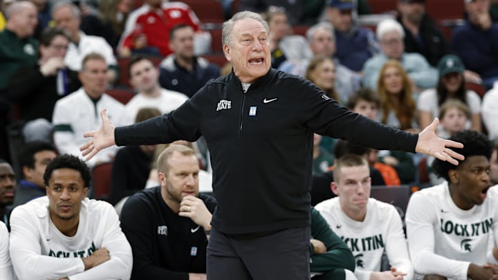 Mar 13, 2026; Chicago, IL, USA; Michigan State Spartans head coach Tom Izzo reacts during the first half at United Center. Mandatory Credit: Kamil Krzaczynski-Imagn Images