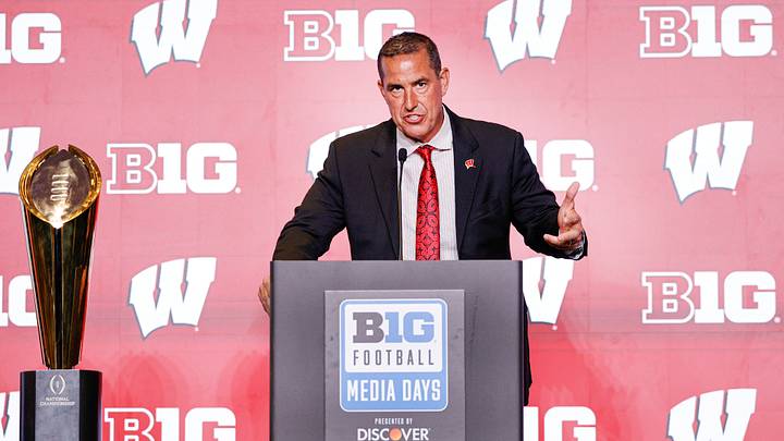 Jul 28, 2026; Chicago, IL, USA; Wisconsin Football head coach Luke Fickell speaks during Media Days at Hilton Chicago. Mandatory Credit: Kamil Krzaczynski-Imagn Images