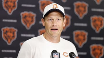 Jul 24, 2025; Lake Forest, IL, USA; Chicago Bears head coach Ben Johnson speaks during training camp at Halas Hall. Mandatory Credit: Kamil Krzaczynski-Imagn Images