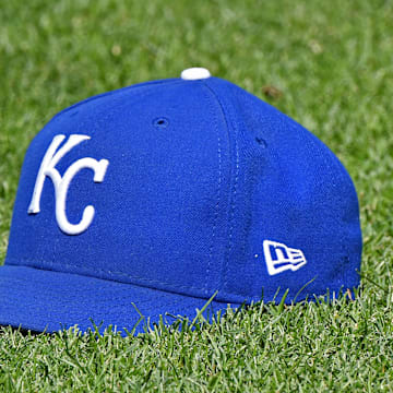 Jul 7, 2018; Kansas City, MO, USA; A genera view of a Kansas City Royals cap on the field, prior to a game against the Boston Red Sox at Kauffman Stadium. Mandatory Credit: Peter G. Aiken/Imagn Images