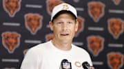Jul 24, 2025; Lake Forest, IL, USA; Chicago Bears head coach Ben Johnson speaks during training camp at Halas Hall. Mandatory Credit: Kamil Krzaczynski-Imagn Images