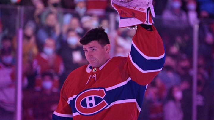 Apr 15, 2022; Montreal, Quebec, CAN;  Montreal Canadiens goalie Carey Price (31) acknowledges the cheers before the game against the New York Islanders at the Bell Centre. Mandatory Credit: Eric Bolte-Imagn Images
