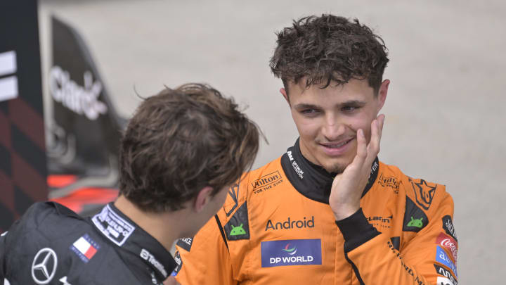 Jun 9, 2024; Montreal, Quebec, CAN; McLaren driver Lando Norris (GBR) (right) talks with Mercedes driver George Russell (GBR)  after the Canadian Grand Prix at Circuit Gilles Villeneuve. Mandatory Credit: Eric Bolte-USA TODAY Sports