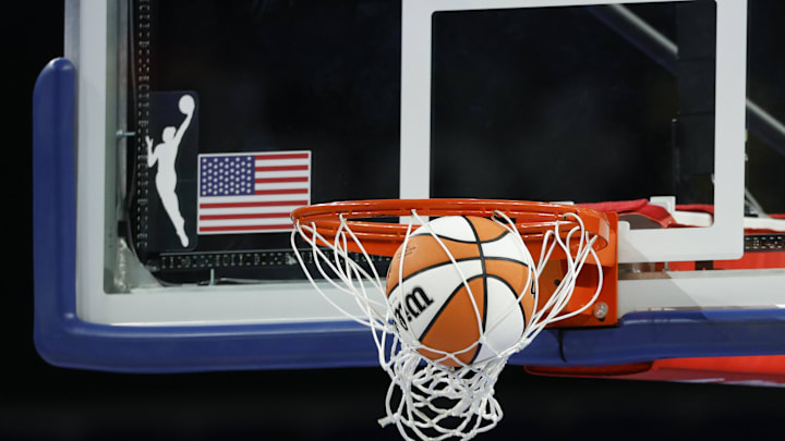 Aug 3, 2025; Chicago, Illinois, USA; Wilson basketball is seen next to WNBA logo before a game between the Chicago Sky and Phoenix Mercury at Wintrust Arena. Mandatory Credit: Kamil Krzaczynski-Imagn Images