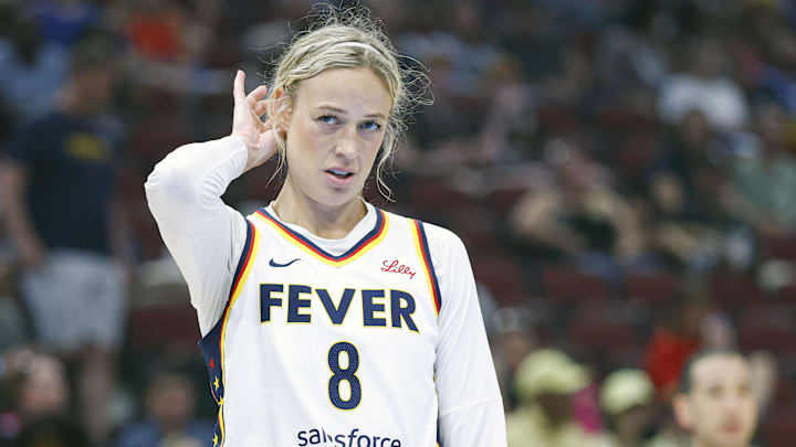 Jul 27, 2025; Chicago, Illinois, USA; Indiana Fever guard Sophie Cunningham (8) looks on during the second half of a basketball game against the Chicago Sky at United Center. Mandatory Credit: Kamil Krzaczynski-Imagn Images