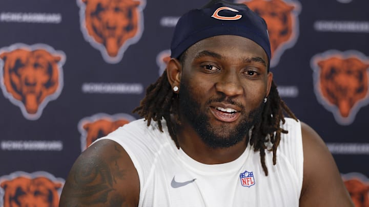 May 9, 2025; Lake Forest, IL, USA; Chicago Bears defensive line Shemar Turner speaks during the Rookie Minicamp at Halas Hall.