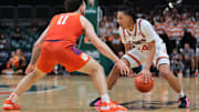 Dec 7, 2024; Coral Gables, Florida, USA; Miami Hurricanes guard Nijel Pack (24) dribbles the basketball as Clemson Tigers guard Jaeden Zackery (11) defends during the second half at Watsco Center. Mandatory Credit: Sam Navarro-Imagn Images