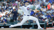 Jul 3, 2025; Chicago, Illinois, USA; Chicago Cubs starting pitcher Cade Horton (22) delivers a pitch against the Cleveland Guardians during the first inning at Wrigley Field