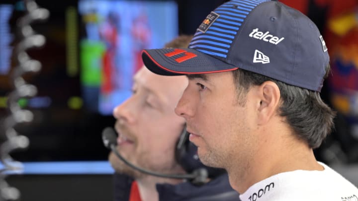 Jun 7, 2024; Montreal, Quebec, CAN; Red Bull Racing driver Sergio Perez (MEX) in the pit lane during the practice session at Circuit Gilles Villeneuve. Mandatory Credit: Eric Bolte-USA TODAY Sports