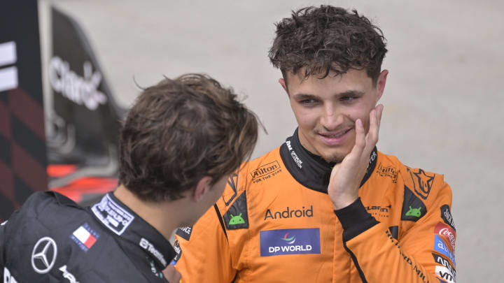 Jun 9, 2024; Montreal, Quebec, CAN; McLaren driver Lando Norris (GBR) (right) talks with Mercedes driver George Russell (GBR)  after the Canadian Grand Prix at Circuit Gilles Villeneuve. Mandatory Credit: Eric Bolte-USA TODAY Sports