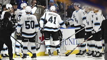 Apr 15, 2025; St. Louis, Missouri, USA; Fans and teammates salute Utah Hockey Club defenseman Robert Bortuzzo (41) after a game against the St. Louis Blues at Enterprise Center. Mandatory Credit: Jeff Le-Imagn Images