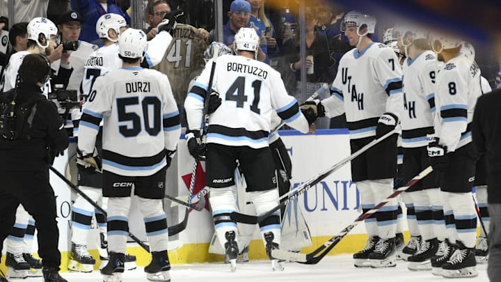 Apr 15, 2025; St. Louis, Missouri, USA; Fans and teammates salute Utah Hockey Club defenseman Robert Bortuzzo (41) after a game against the St. Louis Blues at Enterprise Center. Mandatory Credit: Jeff Le-Imagn Images