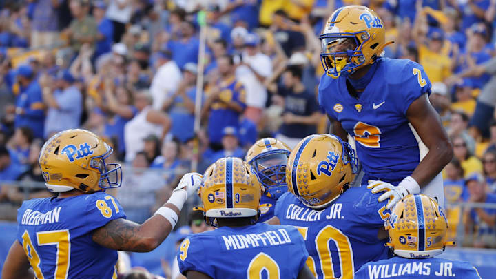 Sep 21, 2024; Pittsburgh, Pennsylvania, USA; Pittsburgh Panthers wide receiver Kenny Johnson (2) celebrates with teammates after scoring a touchdown against the Youngstown State Penguins during the second quarter at Acrisure Stadium. Mandatory Credit: Charles LeClaire-Imagn Images Sep 21, 2024; Pittsburgh, Pennsylvania, USA; Pittsburgh Panthers wide receiver Kenny Johnson (2) celebrates with teammates after scoring a touchdown against the Youngstown State Penguins during the second quarter at Acrisure Stadium. Mandatory Credit: Charles LeClaire-Imagn Images