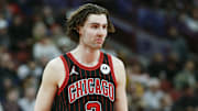 Dec 7, 2025; Chicago, Illinois, USA; Chicago Bulls guard Josh Giddey (3) looks on during the second half at United Center. Mandatory Credit: Kamil Krzaczynski-Imagn Images