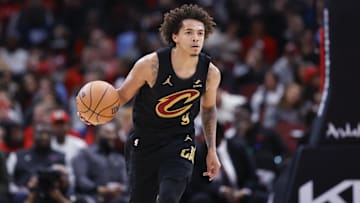 Dec 23, 2023; Chicago, Illinois, USA; Cleveland Cavaliers guard Craig Porter (9) brings the ball up court against the Chicago Bulls during the second half at United Center. Mandatory Credit: Kamil Krzaczynski-Imagn Images