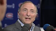 Oct 14, 2024; Montreal, Quebec, CAN; NHL commissioner Gary Bettman gives a press conference before the game between the Pittsburgh Penguins and the Montreal Canadiens at the Bell Centre. Mandatory Credit: Eric Bolte-Imagn Images