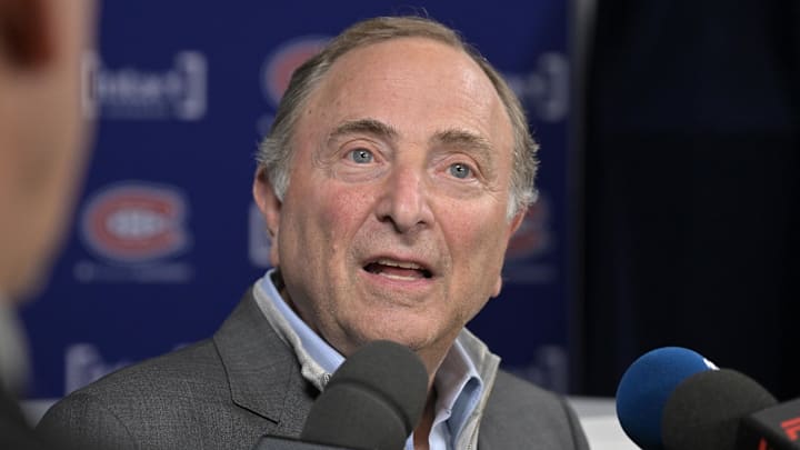 Oct 14, 2024; Montreal, Quebec, CAN; NHL commissioner Gary Bettman gives a press conference before the game between the Pittsburgh Penguins and the Montreal Canadiens at the Bell Centre. Mandatory Credit: Eric Bolte-Imagn Images