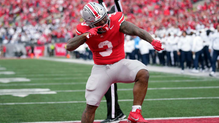 Oct 21, 2023; Columbus, Ohio, USA; Ohio State Buckeyes running back Miyan Williams (3) celebrates his rushing touchdown against Penn State Nittany Lions during the second quarter of their game at Ohio Stadium.