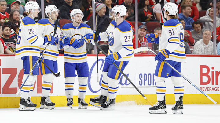 Buffalo Sabres players Rasmus Dahlin, Josh Norris, Zach Benson, Mattias Samuelsson and Josh Doan