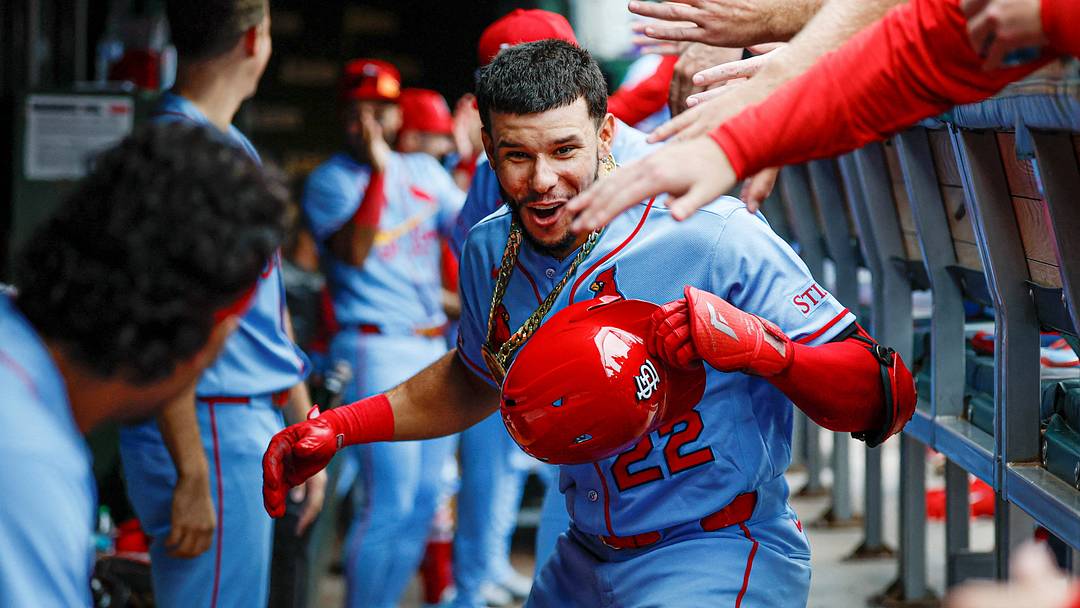 Aug 15, 2026; Chicago, Illinois, USA; St. Louis Cardinals left fielder Joshua Baez (22) celebrates with teammates  after hitting a two-run home run against the Chicago Cubs during the first inning at Wrigley Field. Mandatory Credit: Kamil Krzaczynski-Imagn Images     TPX IMAGES OF THE DAY