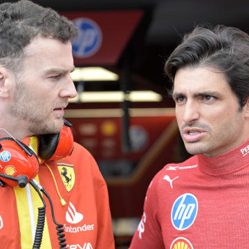 Jun 7, 2024; Montreal, Quebec, CAN; Ferrari driver driver Carlos Sainz (ESP) in the pit lane during the practice session at Circuit Gilles Villeneuve. Mandatory Credit: Eric Bolte-USA TODAY Sports