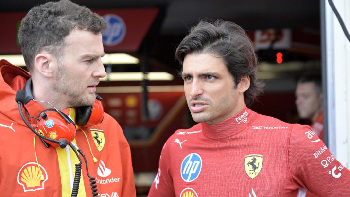 Jun 7, 2024; Montreal, Quebec, CAN; Ferrari driver driver Carlos Sainz (ESP) in the pit lane during the practice session at Circuit Gilles Villeneuve. Mandatory Credit: Eric Bolte-USA TODAY Sports