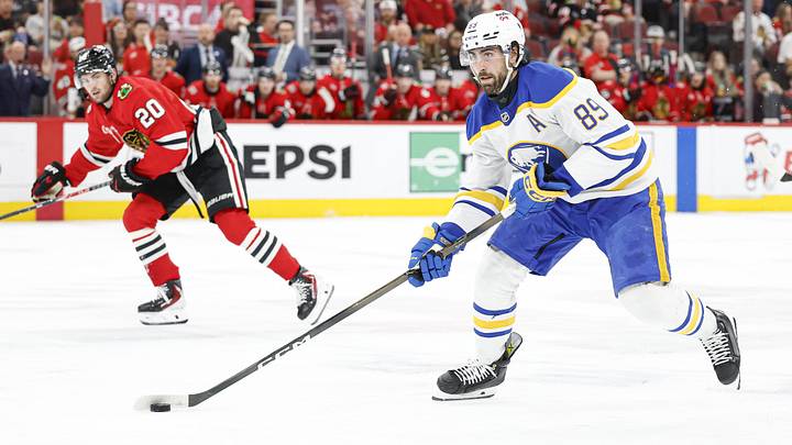 Apr 13, 2026; Chicago, Illinois, USA; Buffalo Sabres right wing Alex Tuch (89) controls the puck against the Chicago Blackhawks during the second period at United Center. Mandatory Credit: Kamil Krzaczynski-Imagn Images