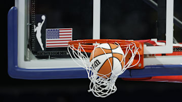 Wilson basketball is seen next to WNBA logo before a game between the Chicago Sky and Phoenix Mercury at Wintrust Arena. 