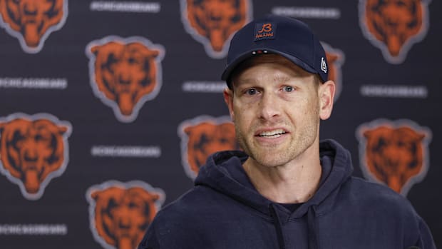 Lake Forest, IL, USA; Chicago Bears head coach Ben Johnson (R) speaks during the Rookie Minicamp at Halas Hall. Mandatory Cre