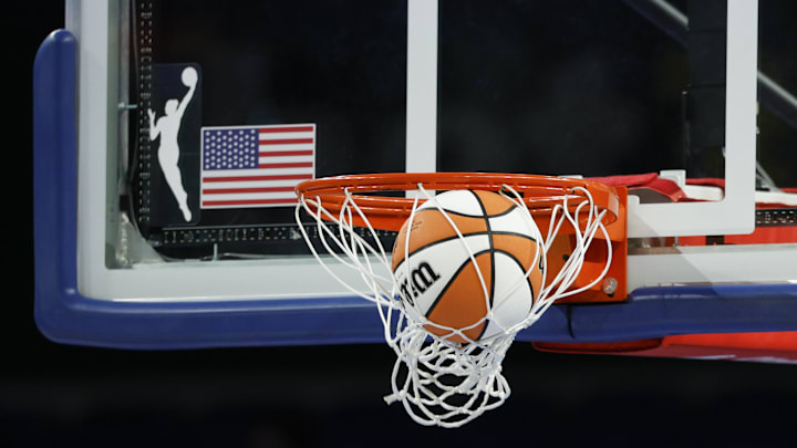 Wilson basketball is seen next to WNBA logo before a game between the Chicago Sky and Phoenix Mercury at Wintrust Arena. 