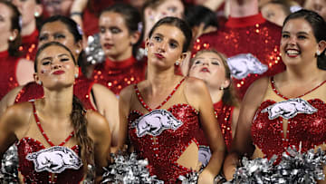 Aug 29, 2024; Little Rock, Arkansas, USA; Arkansas Razorbacks baton twirlers cheer during the fourth quarter against the Pine Bluff Golden Lions at War Memorial Stadium. Arkansas won 70-0. Mandatory Credit: Nelson Chenault-Imagn Images