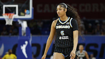 Aug 25, 2024; Chicago, Illinois, USA; Chicago Sky forward Angel Reese (5) walks on the court during the first half at Wintrust Arena. Mandatory Credit: Kamil Krzaczynski-Imagn Images