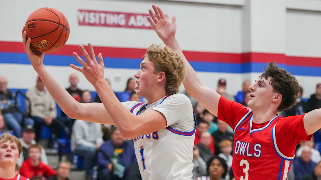 Wisconsin Lutheran's Kager Knueppel (1) drives in for a layup during the game against Slinger at Wisconsin Lutheran High School, in Milwaukee, Wisconsin, Dec. 9, 2025. 