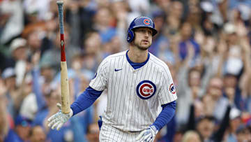 Apr 18, 2025; Chicago, Illinois, USA; Chicago Cubs outfielder Kyle Tucker (30) watches his two-run home run against the Arizona Diamondbacks during the eighth inning at Wrigley Field. Mandatory Credit: Kamil Krzaczynski-Imagn Images