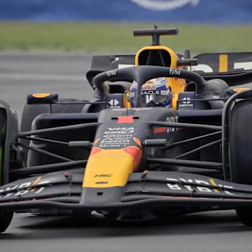 Jun 9, 2024; Montreal, Quebec, CAN;  Red Bull Racing driver Max Verstappen (NED) races during the Canadian Grand Prix at Circuit Gilles Villeneuve. Mandatory Credit: Eric Bolte-USA TODAY Sports