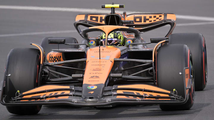 Jun 8, 2024; Montreal, Quebec, CAN; McLaren driver Lando Norris (GBR) races during qualifying at Circuit Gilles Villeneuve. Mandatory Credit: Eric Bolte-Imagn Images