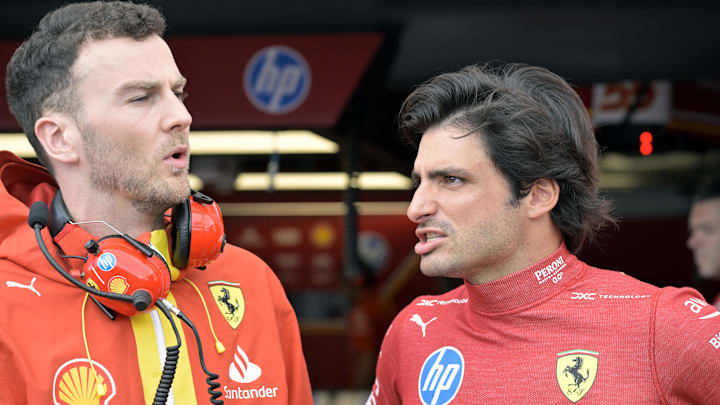 Jun 7, 2024; Montreal, Quebec, CAN; Ferrari driver Carlos Sainz (ESP) in the pit lane during the practice session at Circuit Gilles Villeneuve. Mandatory Credit: Eric Bolte-Imagn Images