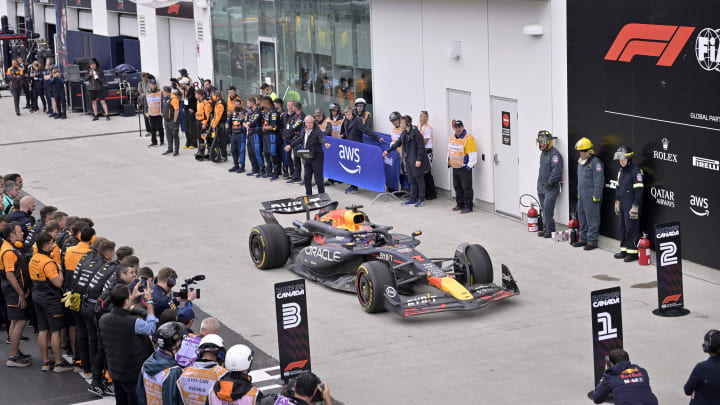 Jun 9, 2024; Montreal, Quebec, CAN;  Red Bull Racing driver Max Verstappen (NED) wins the Canadian Grand Prix at Circuit Gilles Villeneuve. Mandatory Credit: Eric Bolte-USA TODAY Sports