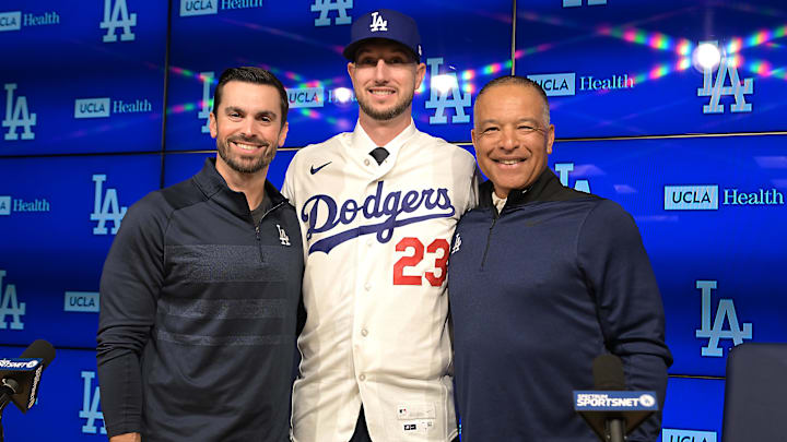 Jan 21, 2026; Los Angeles, CA, USA;  Los Angeles Dodgers general manager Brandon Gomes and manager Dave Roberts (30) stand with newly signed right fielder Kyle Tucker (23) at Dodger Stadium. Mandatory Credit: Jayne Kamin-Oncea-Imagn Images