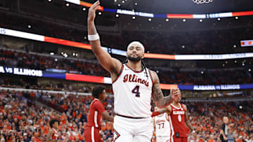 Nov 19, 2025; Chicago, Illinois, USA; Illinois Fighting Illini guard Kylan Boswell (4) reacts during the second half at United Center. Mandatory Credit: Kamil Krzaczynski-Imagn Images